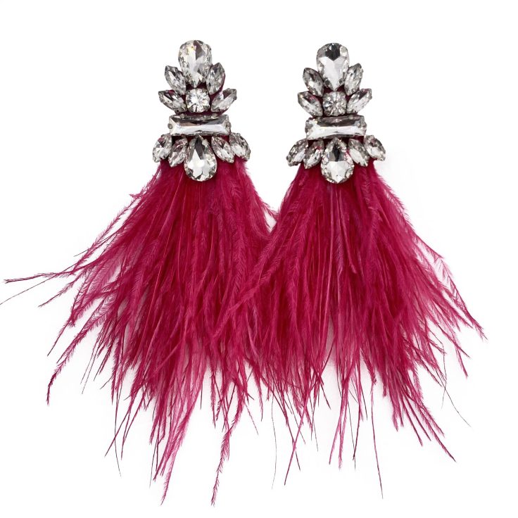 Orecchini Con Pietre Crystal E Piume Rosso Ciliegia - Cl839