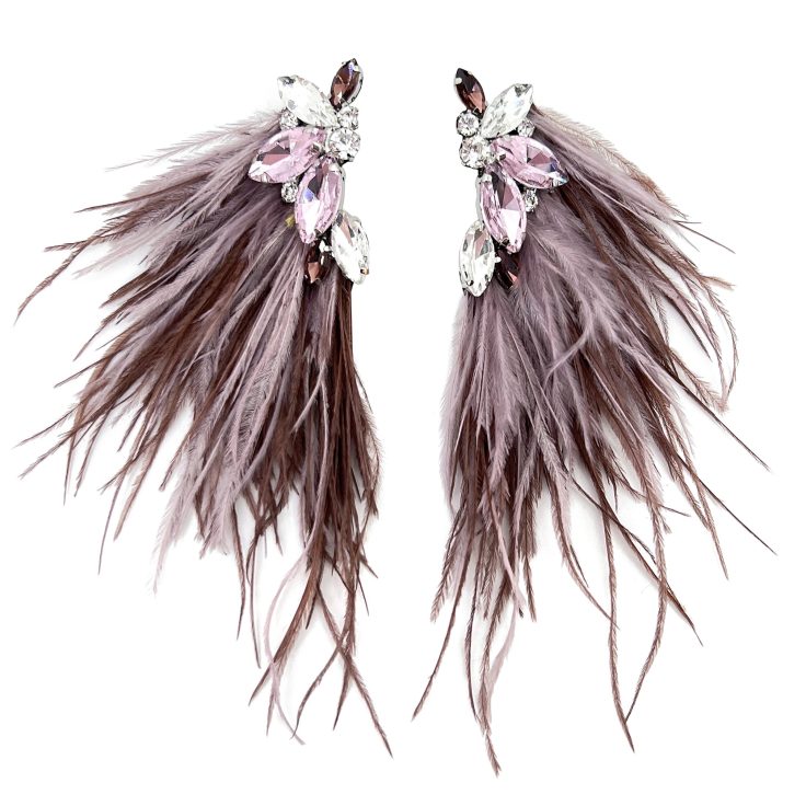 Orecchini Con Piume Cioccolato E Rosa Antico E Pietre Rosa - Cl917