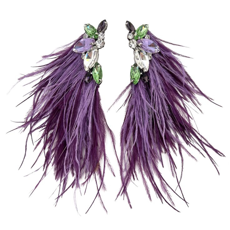 Orecchini Con Piume Viola E Pietre Verdi E Crystal- Cl922