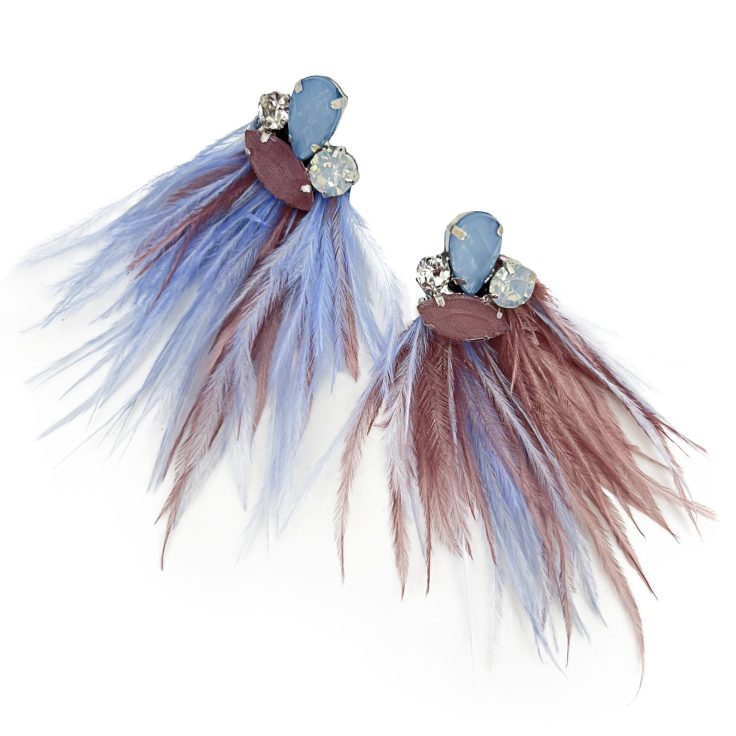 Orecchini Con Piume E Pietre Celeste Polvere E Malva- Cl926