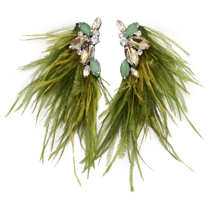 Orecchini Con Piume E Pietre Verde Oliva E Oro - Cl931