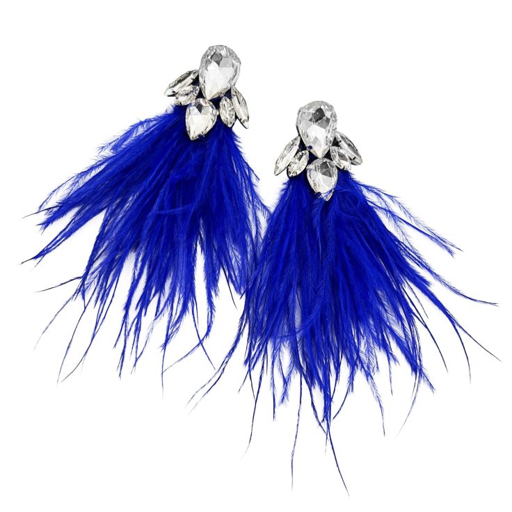 Orecchini Con Piume Blu Elettrico E Pietre Crystal - Cl934