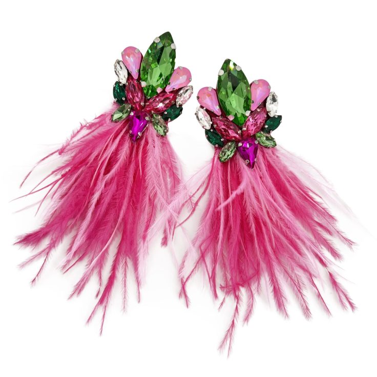 Orecchini Con Pietre E Piume Fucsia Rosa E Verde - Cl975