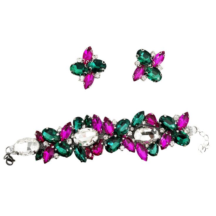 Orecchini E Bracciale Con Pietre Fucsia E Verde Smeraldo - Cod.pr90