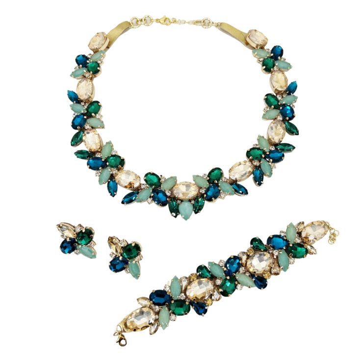 Collana, Bracciale E Orecchini Con Pietre Ottanio, Verde Acqua E Verde Smeraldo - Cod.pr10
