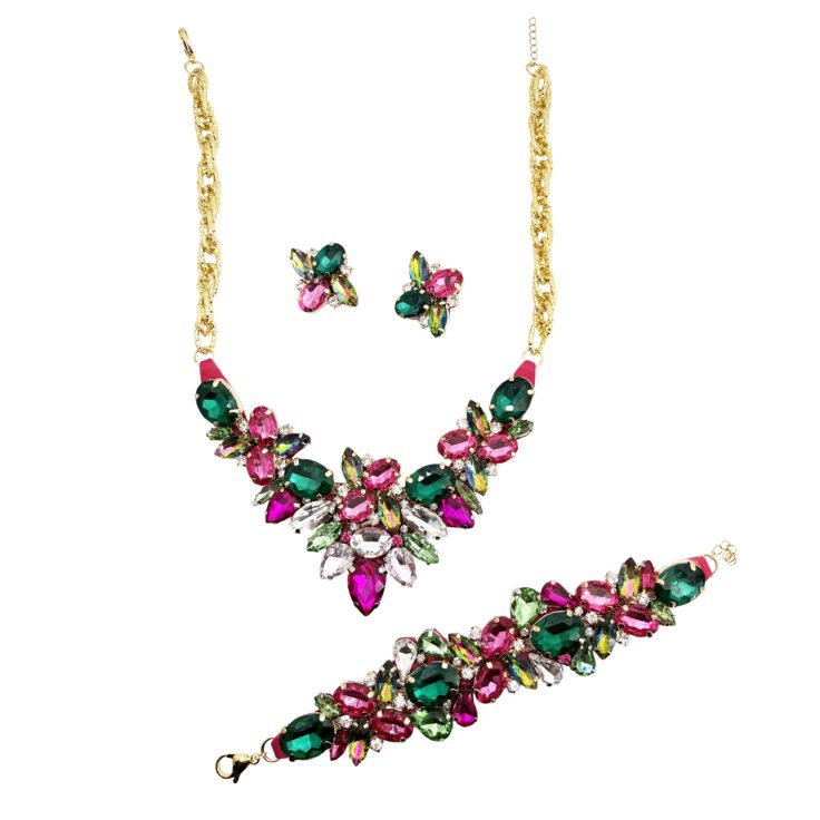 Orecchini Collana E Bracciale Con Pietre Fucsia, Boreale E Verde Smeraldo  - Cod.pr92