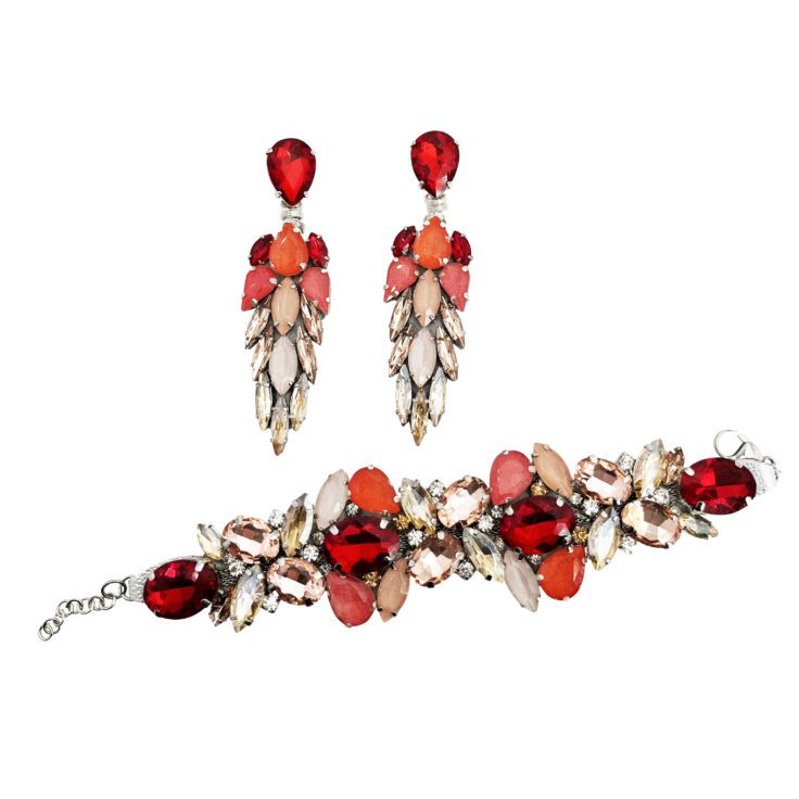 Orecchini E Bracciale Con Pietre Rosso, Corallo, Cipria E Oro - Cod.pr93