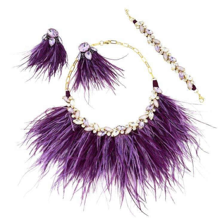 Orecchini E Collana Con Piume E Bracciale Con Pietre Viola E Glicine  - Cod.pr94