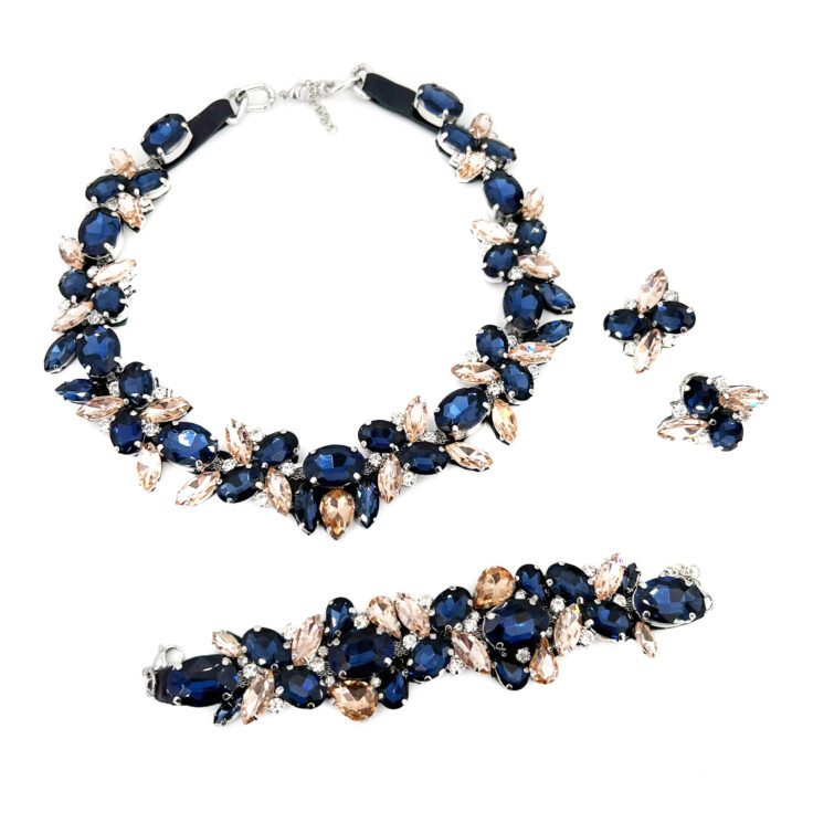 Collana, Bracciale E Orecchini Con Pietre Blu E Cipria - Cod.pr18