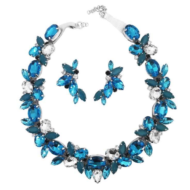 Collana E Orecchini Con Pietre Crystal, Turchesi E Ottanio- Cod.pr37