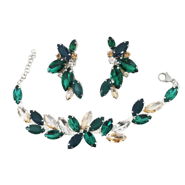 Orecchini E Bracciale Con Pietre Oro, Verde Smeraldo E Verde Bosco- Cod.pr39