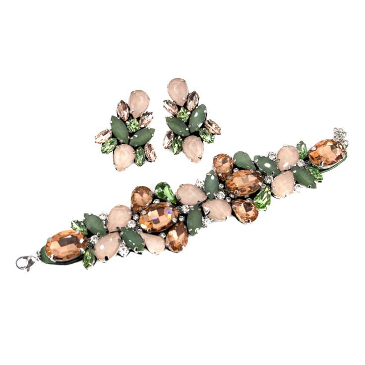 Orecchini E Bracciale Con Pietre Cipria, Verde Salvia E Verde Chiaro - Cod.pr43
