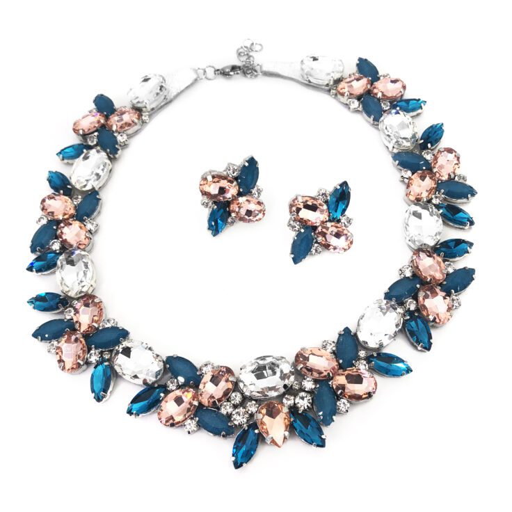 Collana E Orecchini Con Pietre Crystal, Cipria E Ottanio - Cod.pr44