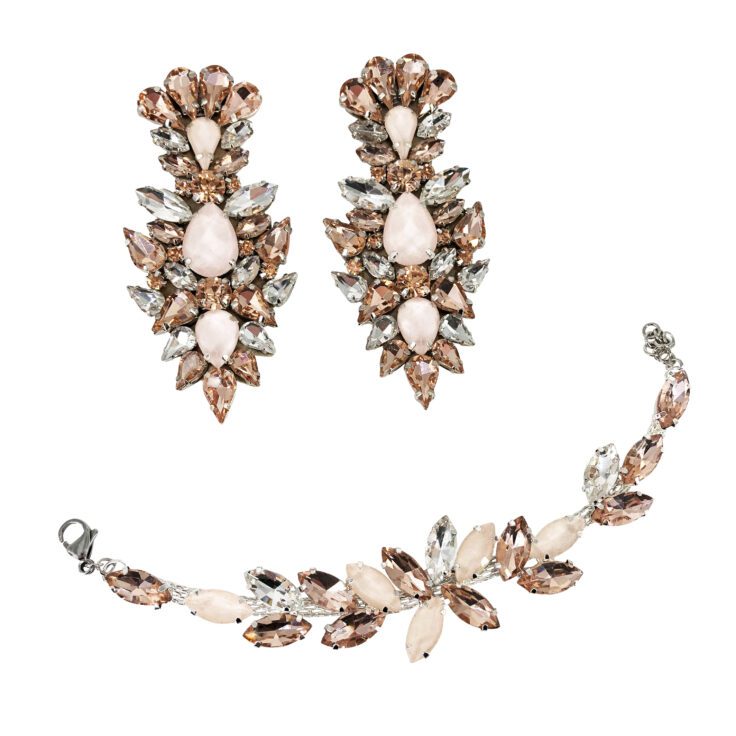 Orecchini E Bracciale Con Pietre Crystal, Rosa E Cipria - Cod.pr48