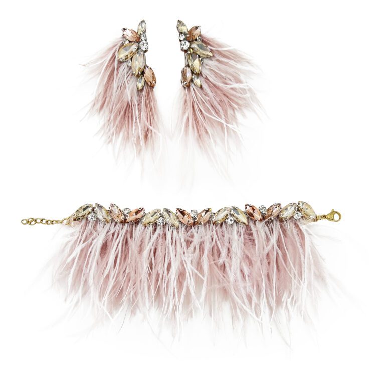 Orecchini E Bracciale Con Piume E Pietre Cipria E Oro - Cod.pr111