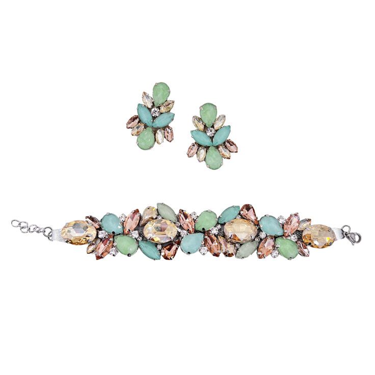 Orecchini E Bracciale Con Pietre Verde Acqua, Cipria E Oro - Cod.pr112