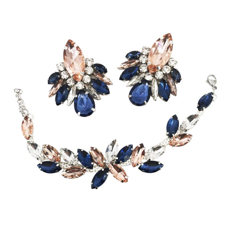 Orecchini E Bracciale Con Pietre Crystal, Cipria E Blu - Cod.pr67