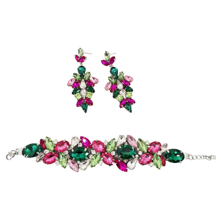 Orecchini E Bracciale Con Pietre Fucsia, Rosa, Verde Smeraldo E Verde Chiaro  - Cod.pr117