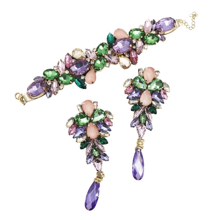 Orecchini E Bracciale Con Pietre Glicine, Verde Chiaro E Rosa - Cod.pr118