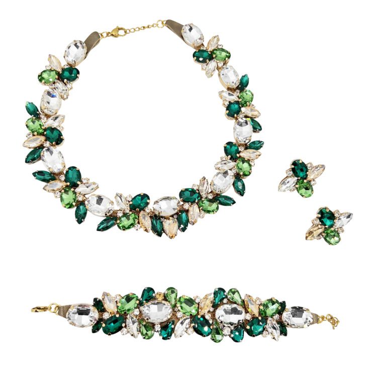 Orecchini Collana E Bracciale Con Pietre Verde Smeraldo, Verde Chiaro E Oro - Cod.pr120