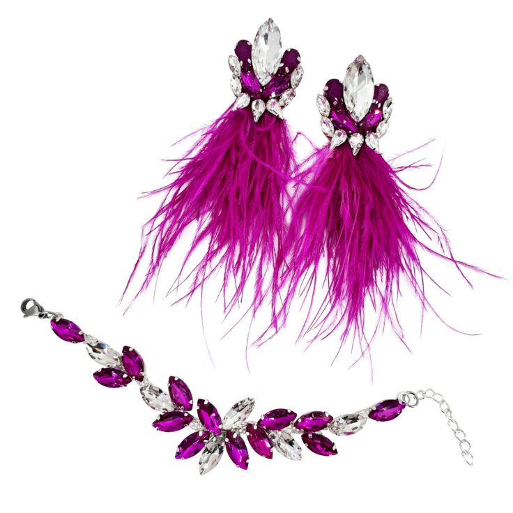 Orecchini Con Piume E Bracciale Con Pietre Crystal E Fucsia - Cod.pr83