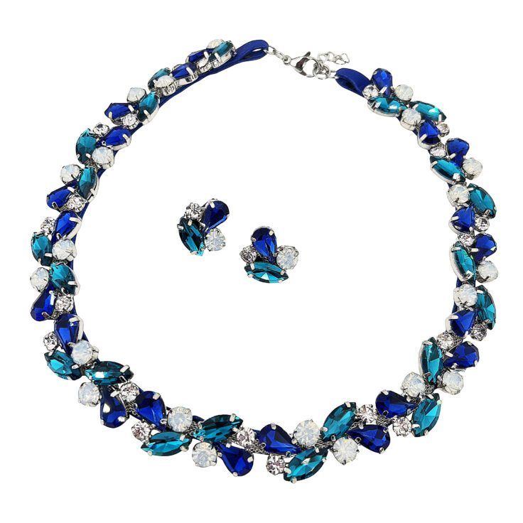 Collana E Orecchini Con Pietre Crystal, Turchese E Blu Elettrico - Cod.pr85