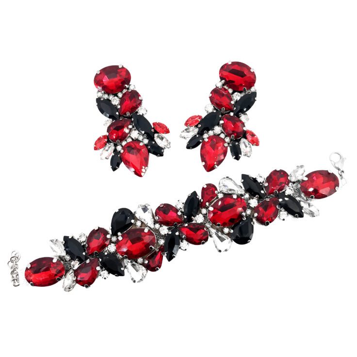 Orecchini E Bracciale Con Pietre Rosse E Nere - Cod.pr125