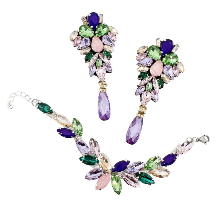 Orecchini E Bracciale Con Pietre Viola, Glicine E Verde  - Cod.pr126