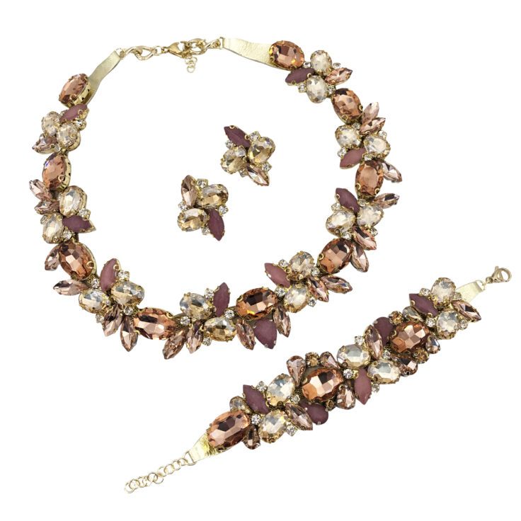 Orecchini E Bracciale Con Pietre Cipria, Oro E Malva - Cod.pr134