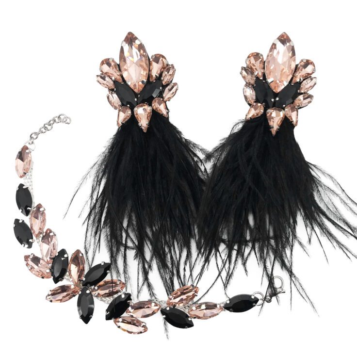 Orecchini Con Piume E Bracciale Con Pietre Cipria E Nere - Cod.pr142