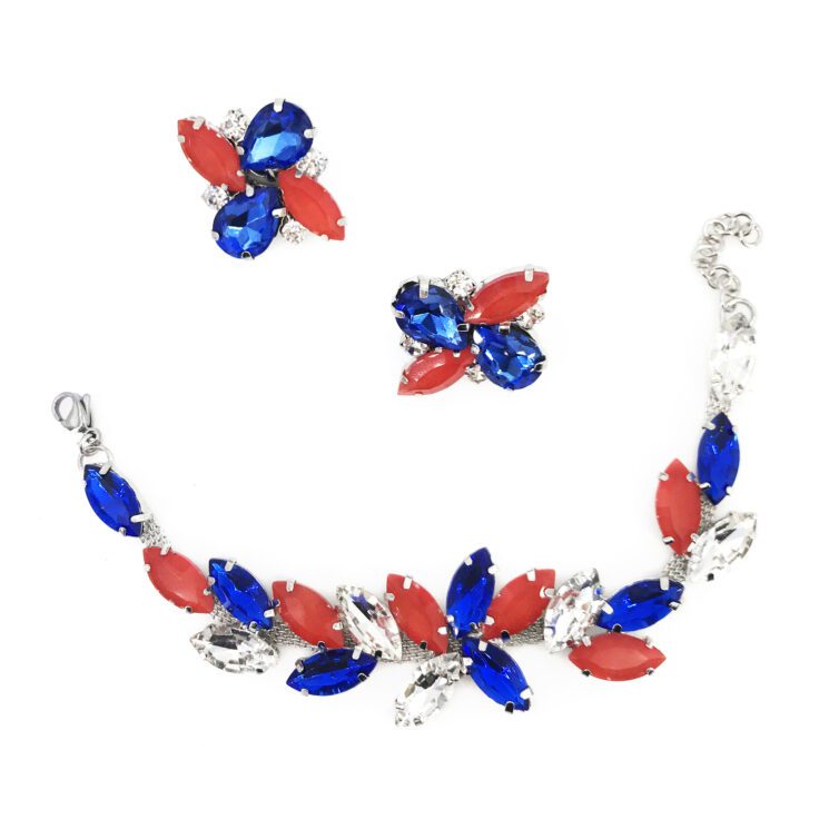 Orecchini E Bracciale Con Pietre Blu Elettrico E Arancione - Cod.pr143
