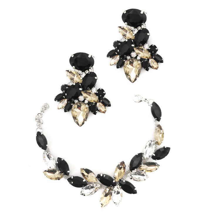 Orecchini E Bracciale Con Pietre Nere E Oro - Cod.pr144