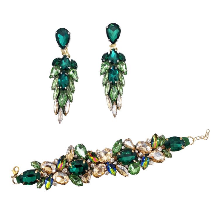 Orecchini E Bracciale Con Pietre Verde, Oro E Boreale - Cod.pr152