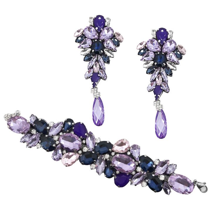 Orecchini E Bracciale Con Pietre Viola, Blu E Glicine - Cod.pr154