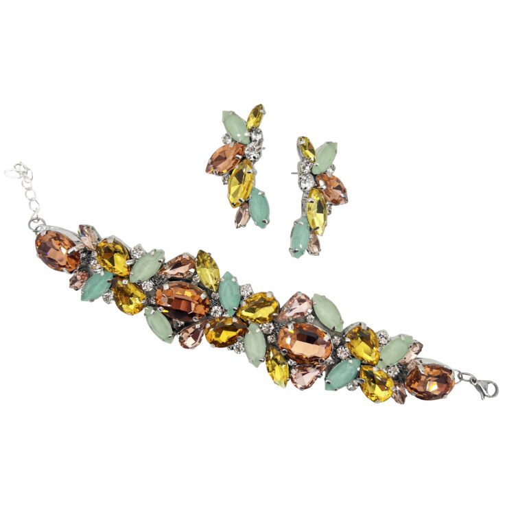 Orecchini E Bracciale Con Pietre Verde Acqua, Giallo E Cipria - Cod.pr155