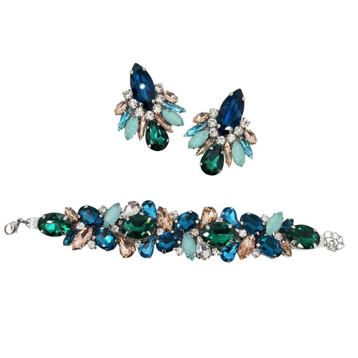 Orecchini E Bracciale Con Pietre Turchese, Verde Smeraldo E Cipria - Cod.pr157