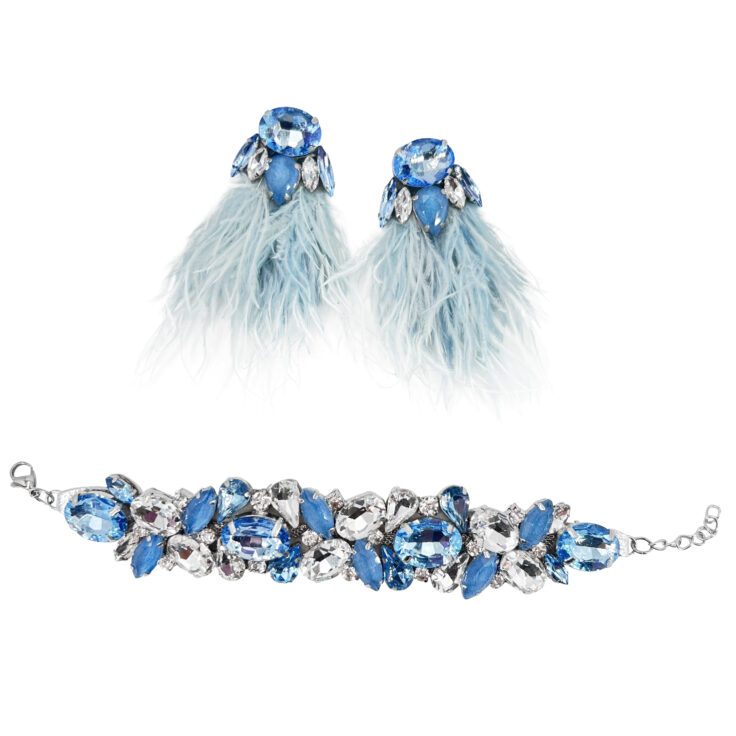Orecchini Con Piume E Bracciale Con Pietre Celeste, Carta Da Zucchero E Crystal - Cod.pr158