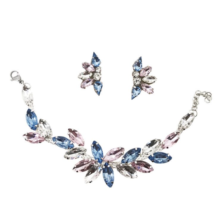 Orecchini E Bracciale Con Pietre Celeste E Rosa - Cod.pr160