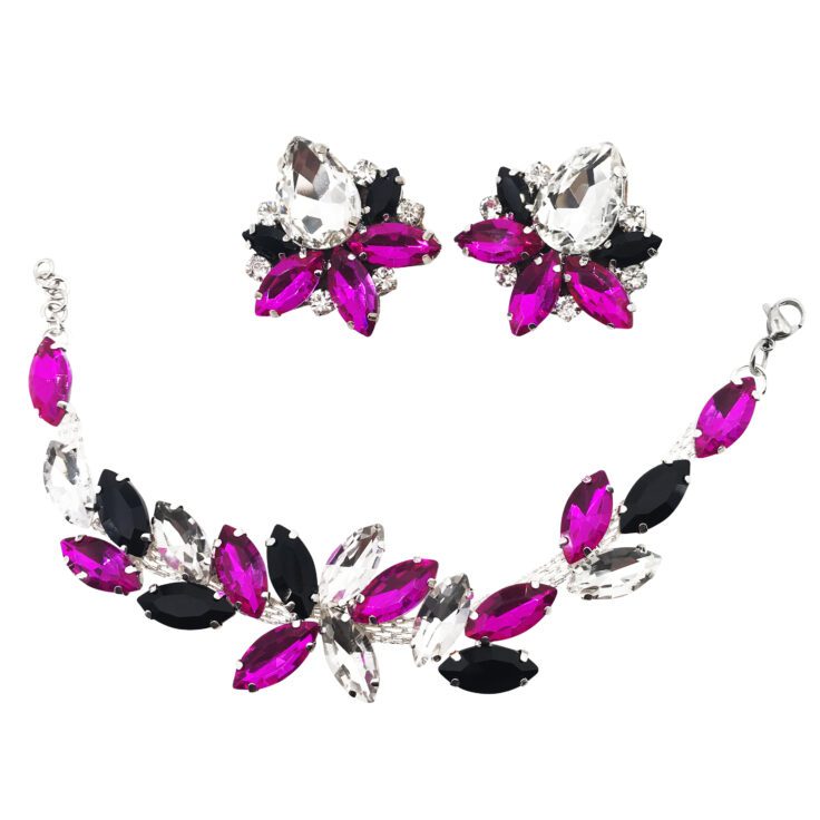 Orecchini E Bracciale Con Pietre Fucsia E Nere - Cod.pr166