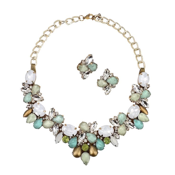 Orecchini E Collana Con Pietre Ghiaccio, Verde Acqua E Crystal - Cod.pr170