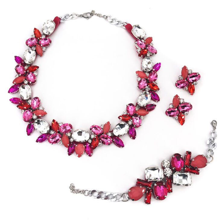 Orecchini Collana E Bracciale Con Pietre Fucsia E Corallo - Cod.pr172