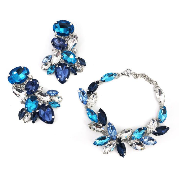 Orecchini E Bracciale Con Pietre Blu, Turchese E Celeste - Cod.pr178
