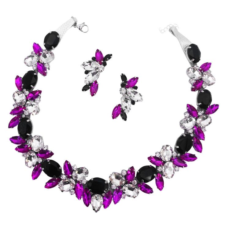 Orecchini E Bracciale Con Pietre Fucsia E Nere - Cod.pr187