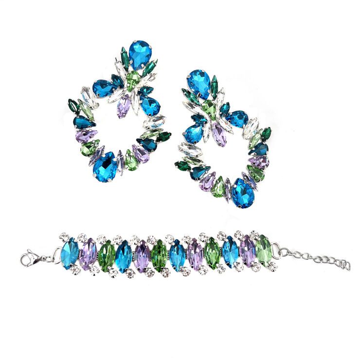 Orecchini E Bracciale Con Pietre Turchese Glicine E Verde Chiaro - Pr200