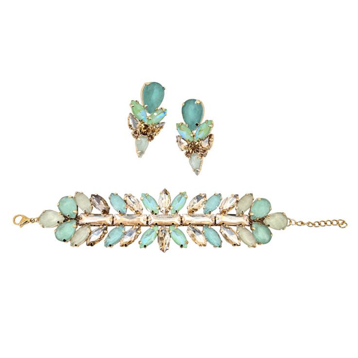 Orecchini E Bracciale Con Pietre Oro E Verde Acqua - Pr207