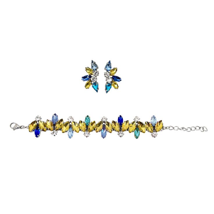 Orecchini E Bracciale Con Pietre Gialle Celesti Turchesi E Blu - Pr231