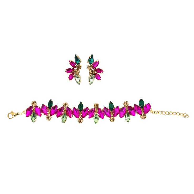 Orecchini E Bracciale Con Pietre Fucsia Verdi E Oro - Pr232