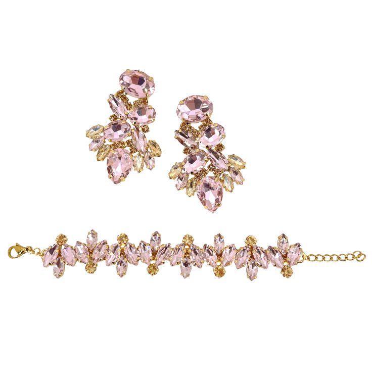 Orecchini E Bracciale Con Pietre Rosa E Oro - Pr210