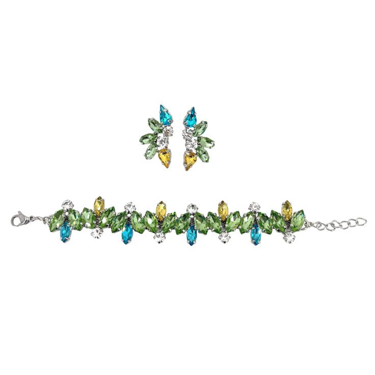 Orecchini E Bracciale Con Pietre Verdi Turchesi E Gialle - Pr235