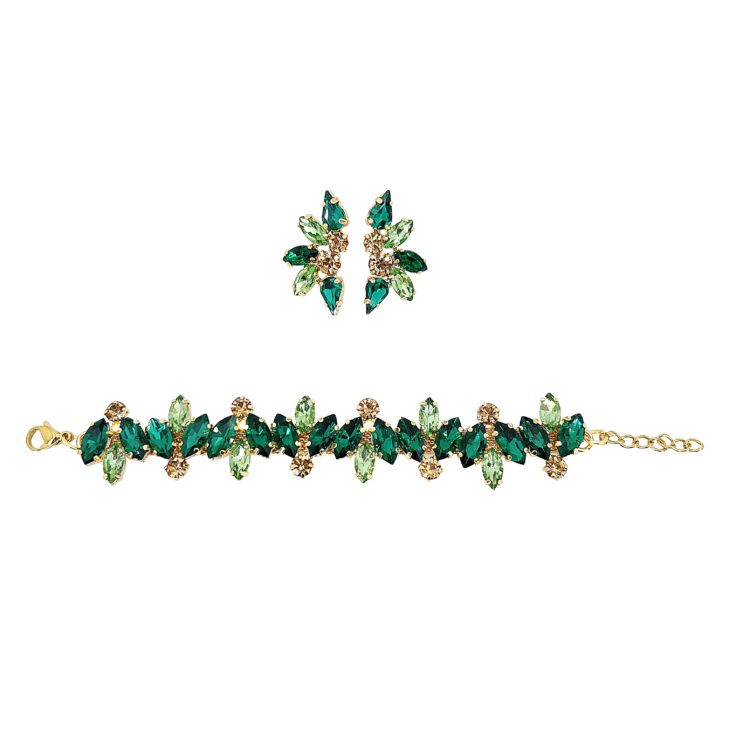 Orecchini E Bracciale Con Pietre Verdi E Oro - Pr236